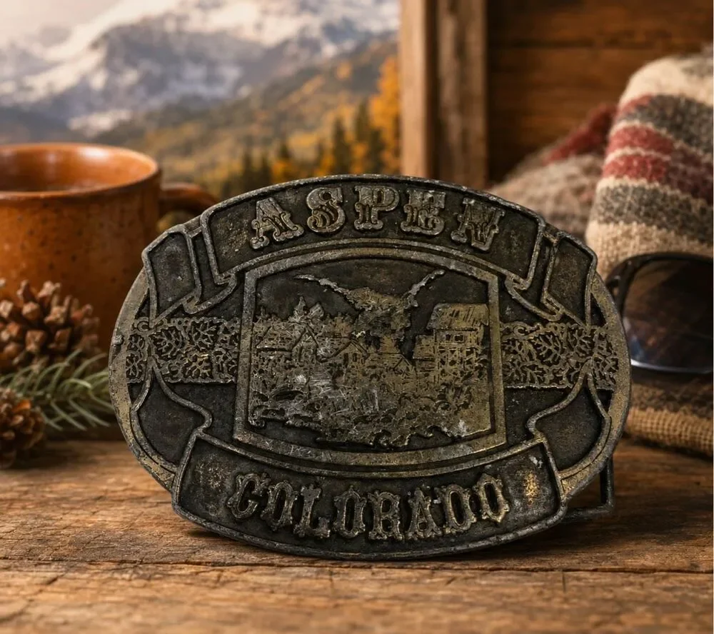 Belt Buckle Aspen Colorado Dark Brass or Bronze Colorado  3 1/4 “x 2 1/2